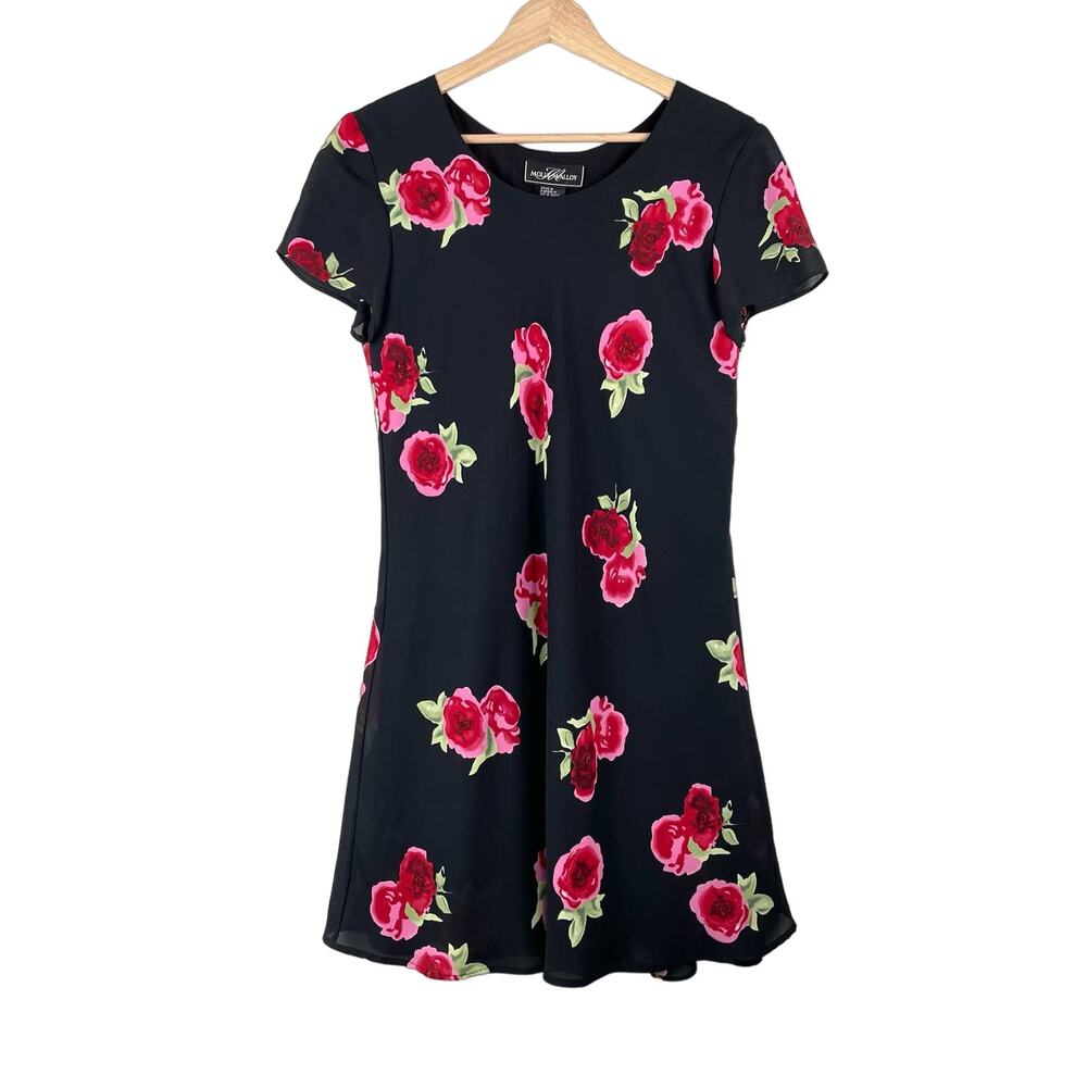 90s VTG Molly Malloy Floral Beaded Mini Dress 6 Black Red Party Cocktail Glam